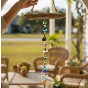 Croft Design Coastal Hanging Mobile Driftwood Seashells Sea Glass Beads